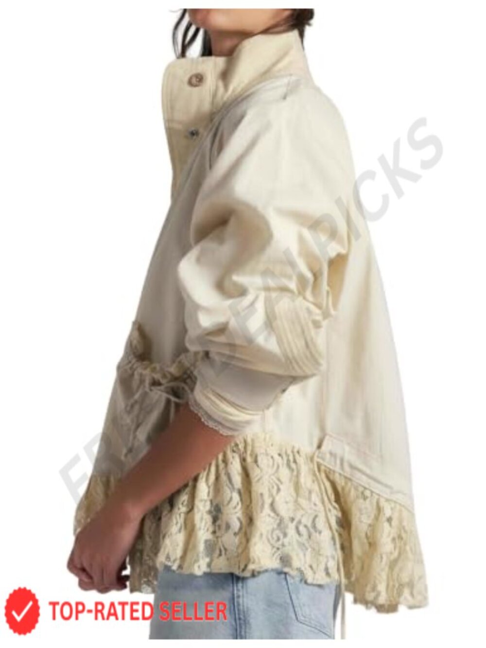 Women's Lace Trim Utility Jacket Lightweight Funnel Neck Snap Coat